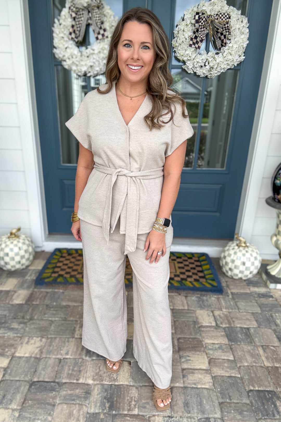 Effortless Elegance Belted Top - Beige