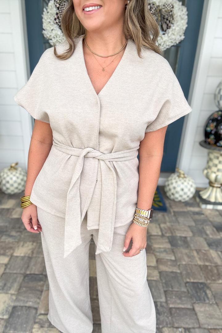 Effortless Elegance Belted Top - Beige