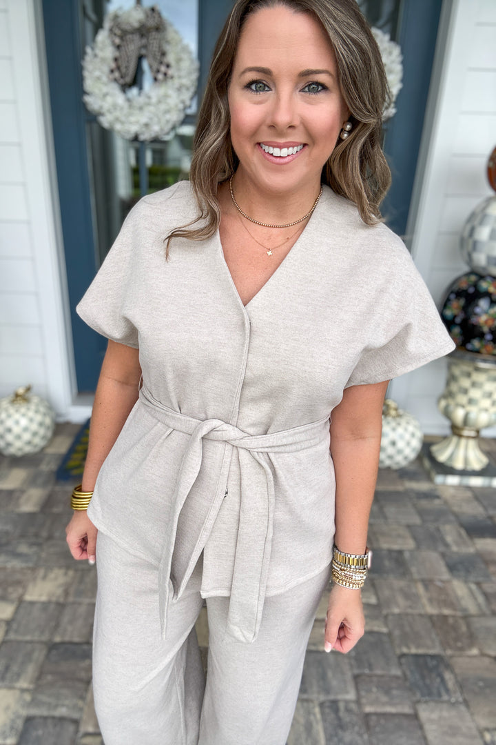 Effortless Elegance Belted Top - Beige
