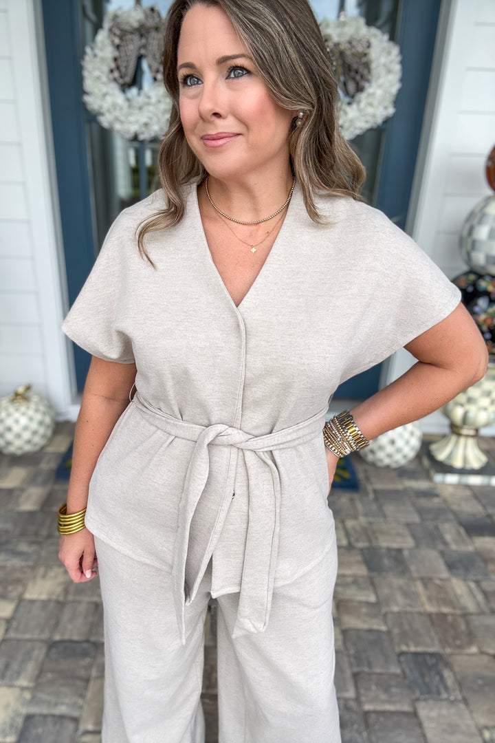 Effortless Elegance Belted Top - Beige