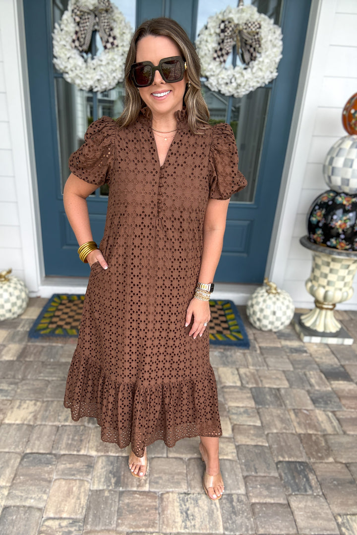 Eyelet Midi Dress - Brown