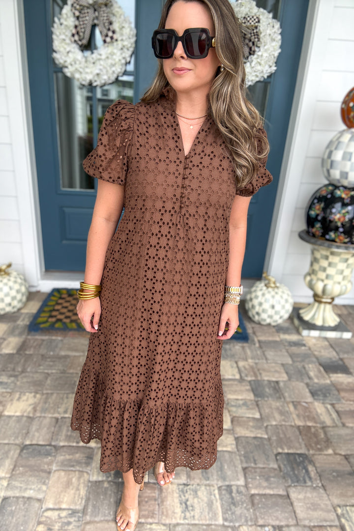 Eyelet Midi Dress - Brown