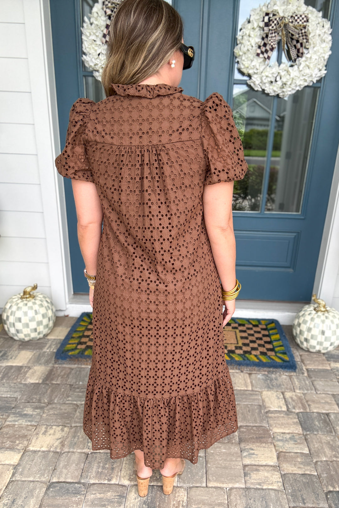 Eyelet Midi Dress - Brown