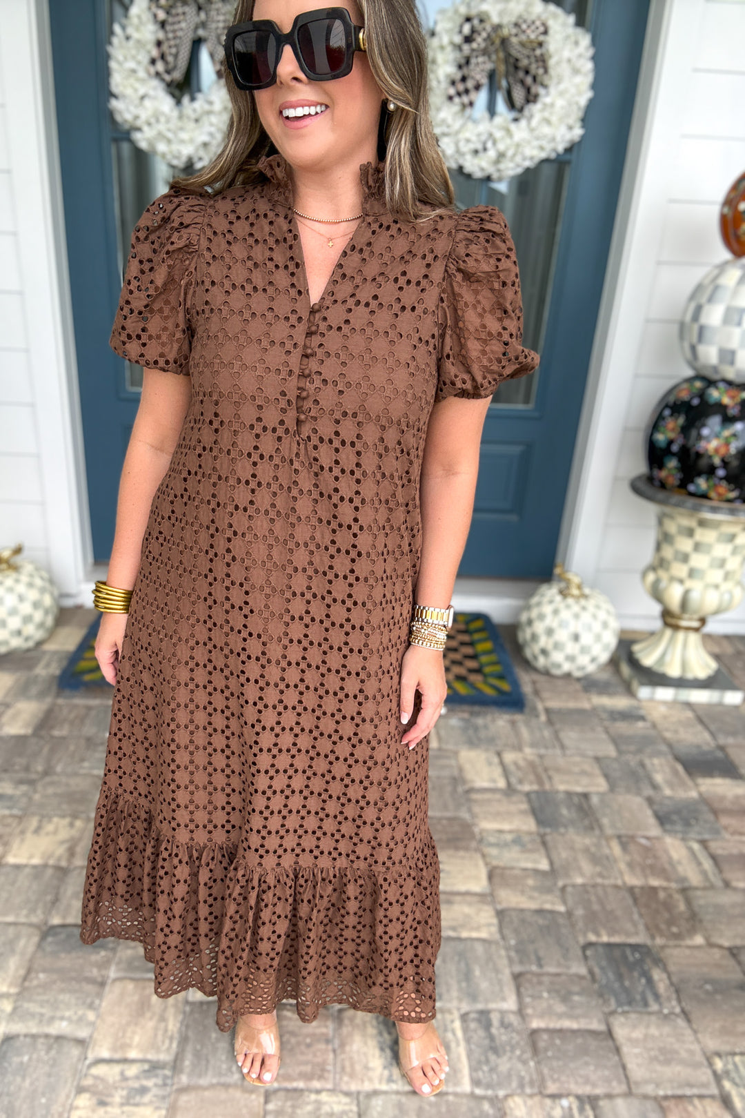 Eyelet Midi Dress - Brown