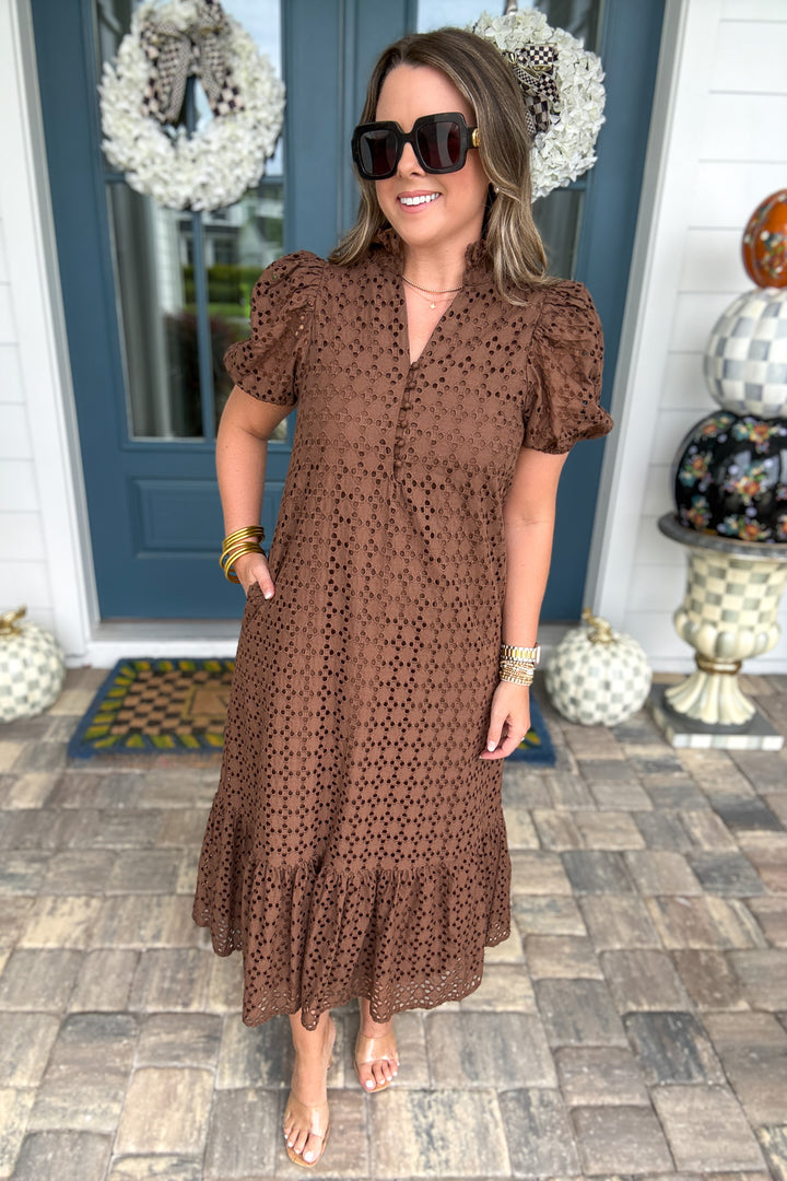 Eyelet Midi Dress - Brown