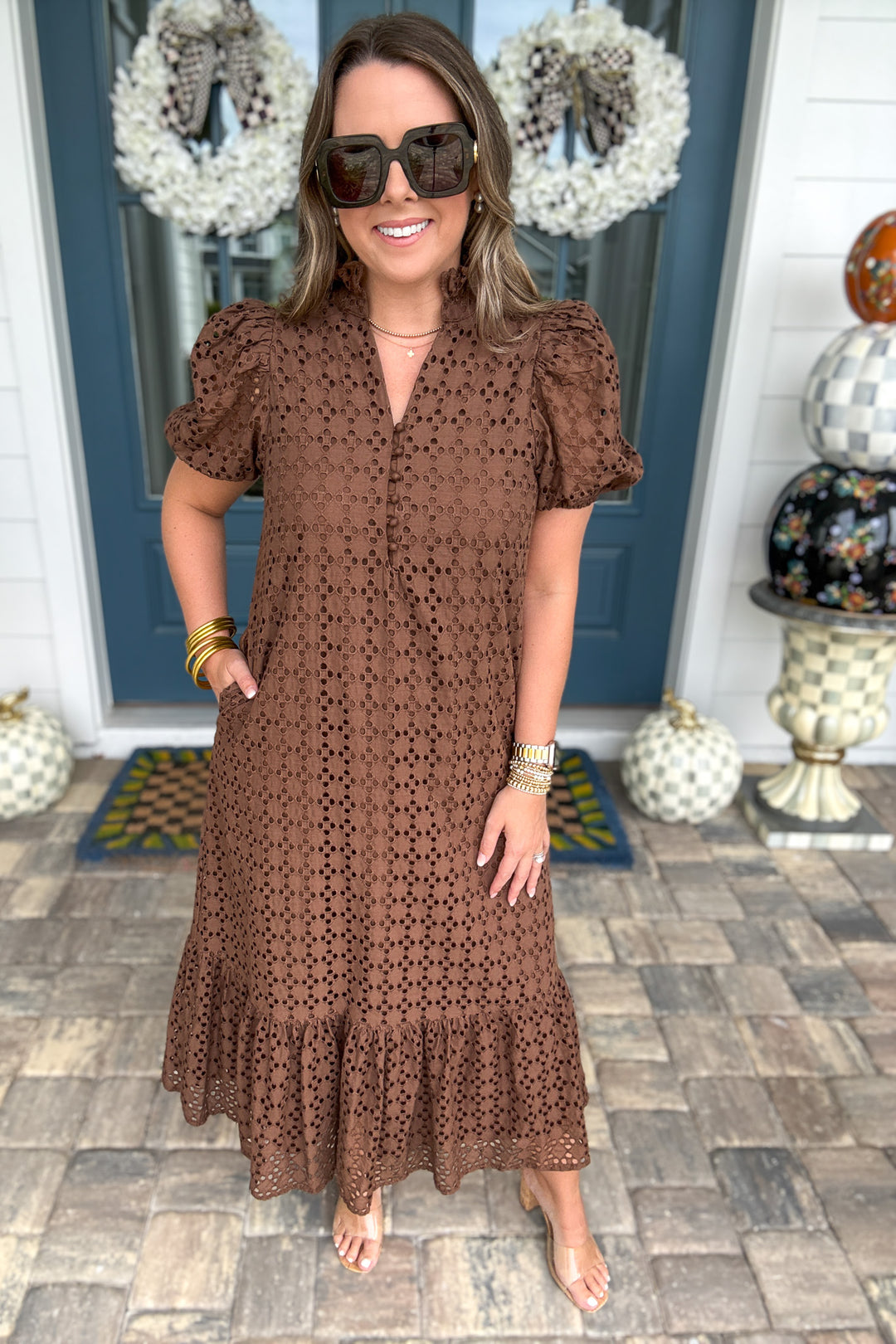 Eyelet Midi Dress - Brown