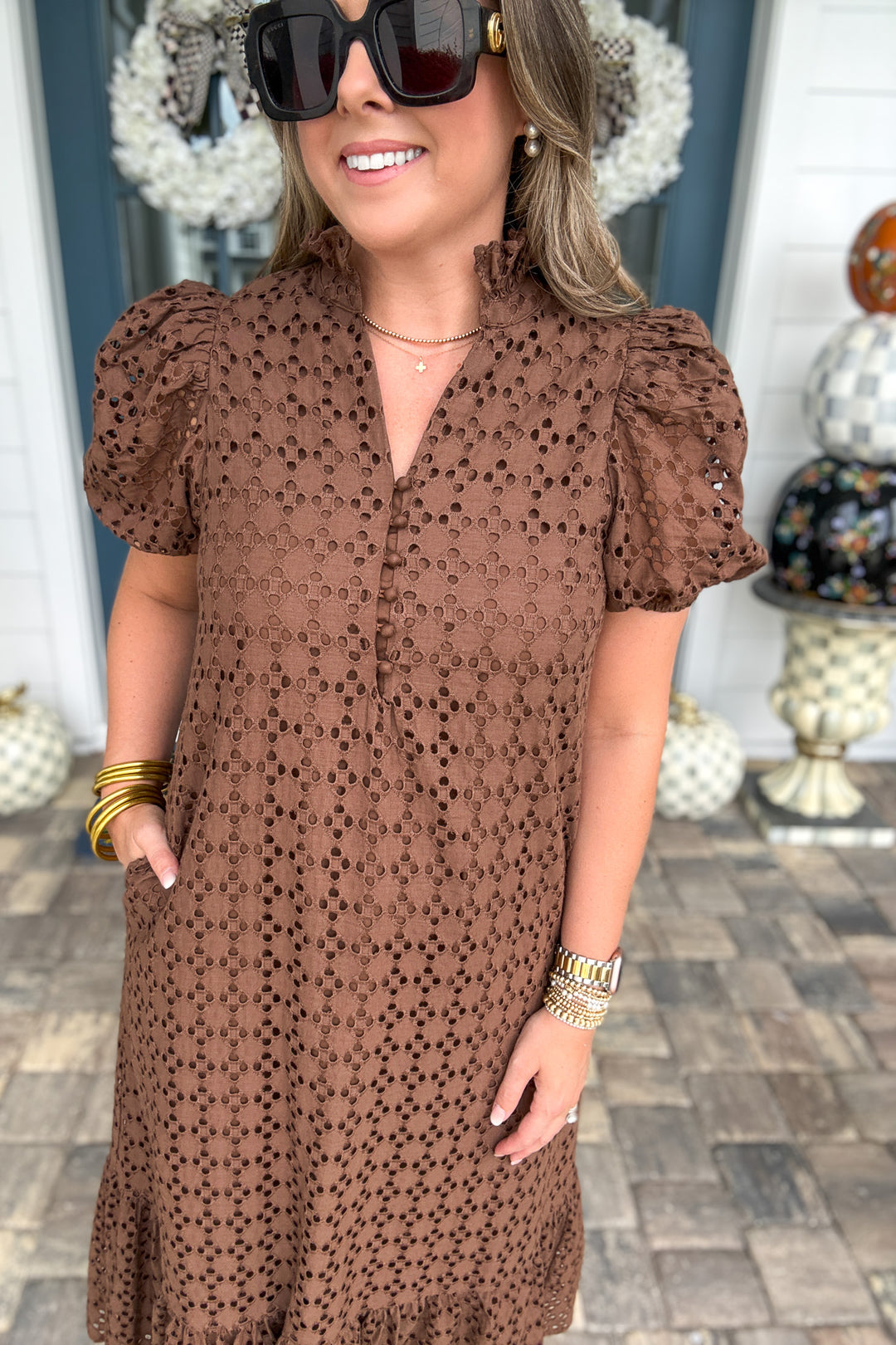Eyelet Midi Dress - Brown