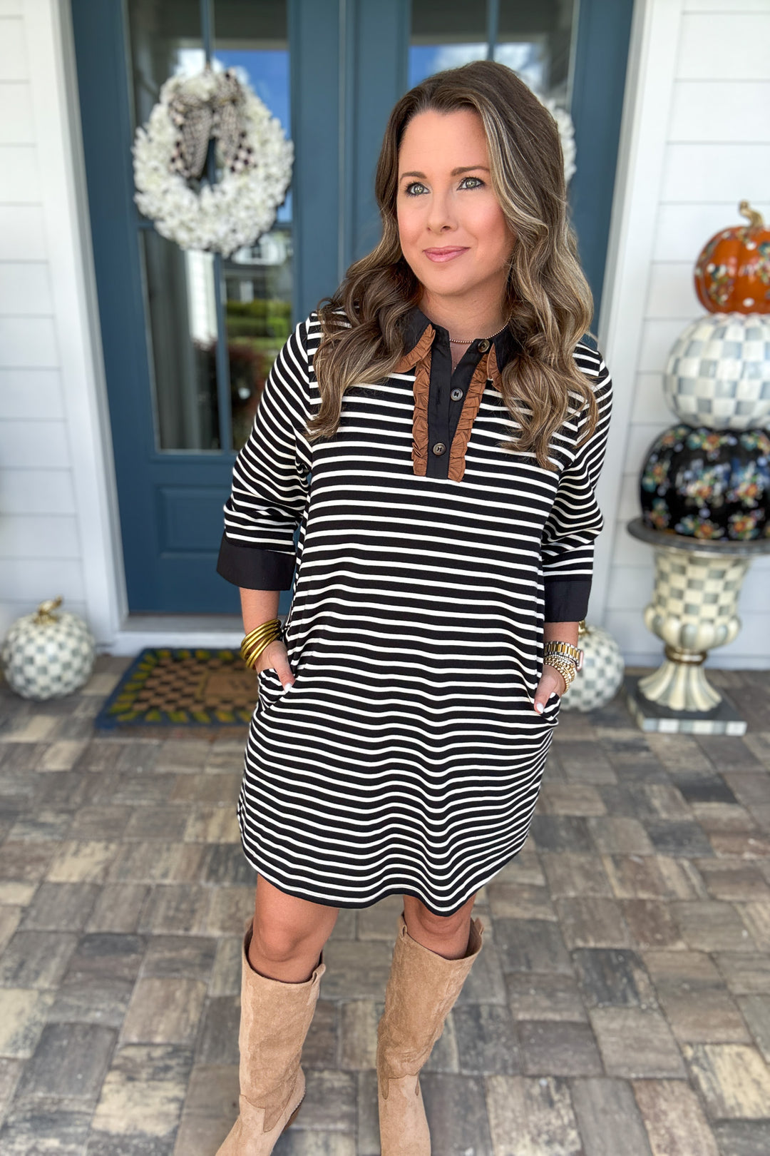 Classic with a Twist Striped Ruffle Dress - Black & Ivory
