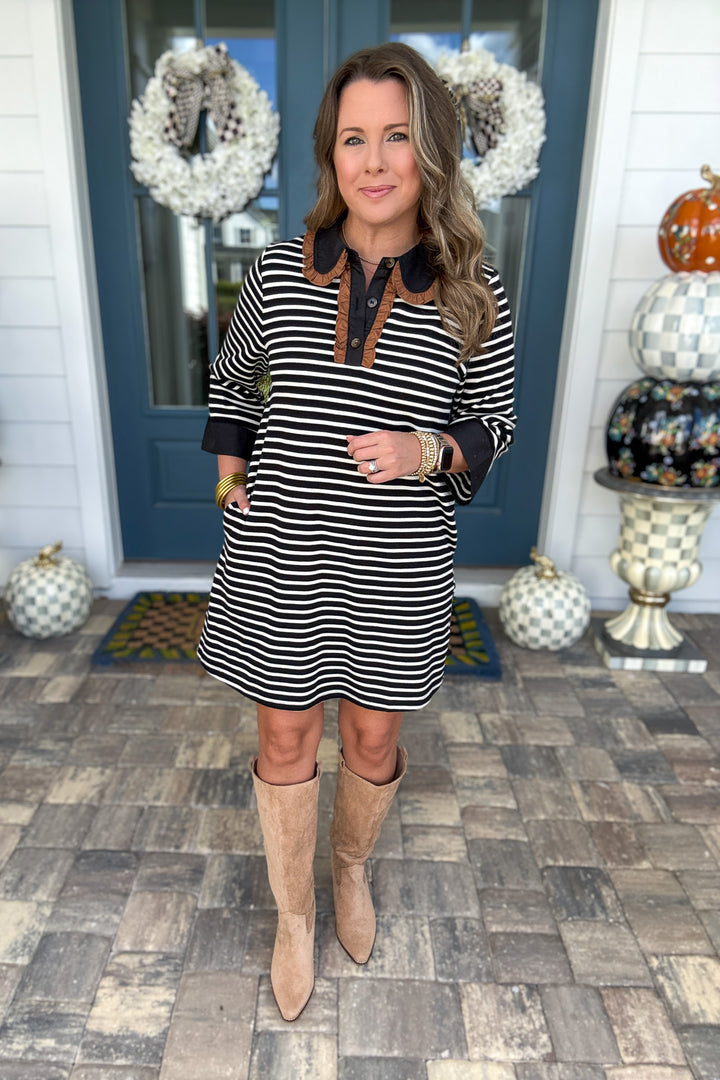 Classic with a Twist Striped Ruffle Dress - Black & Ivory