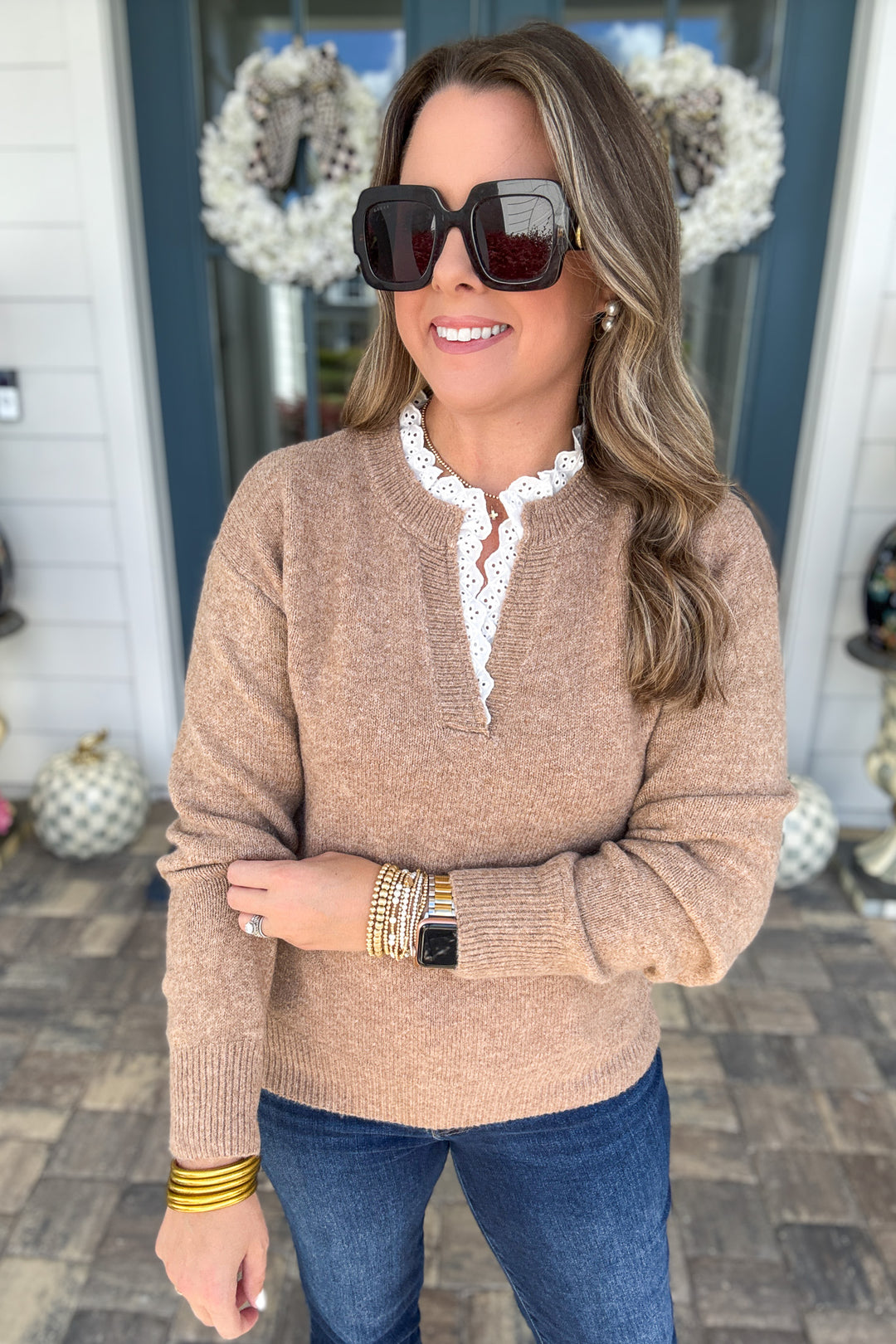 Cinnamon Lace Ruffled Trim Sweater