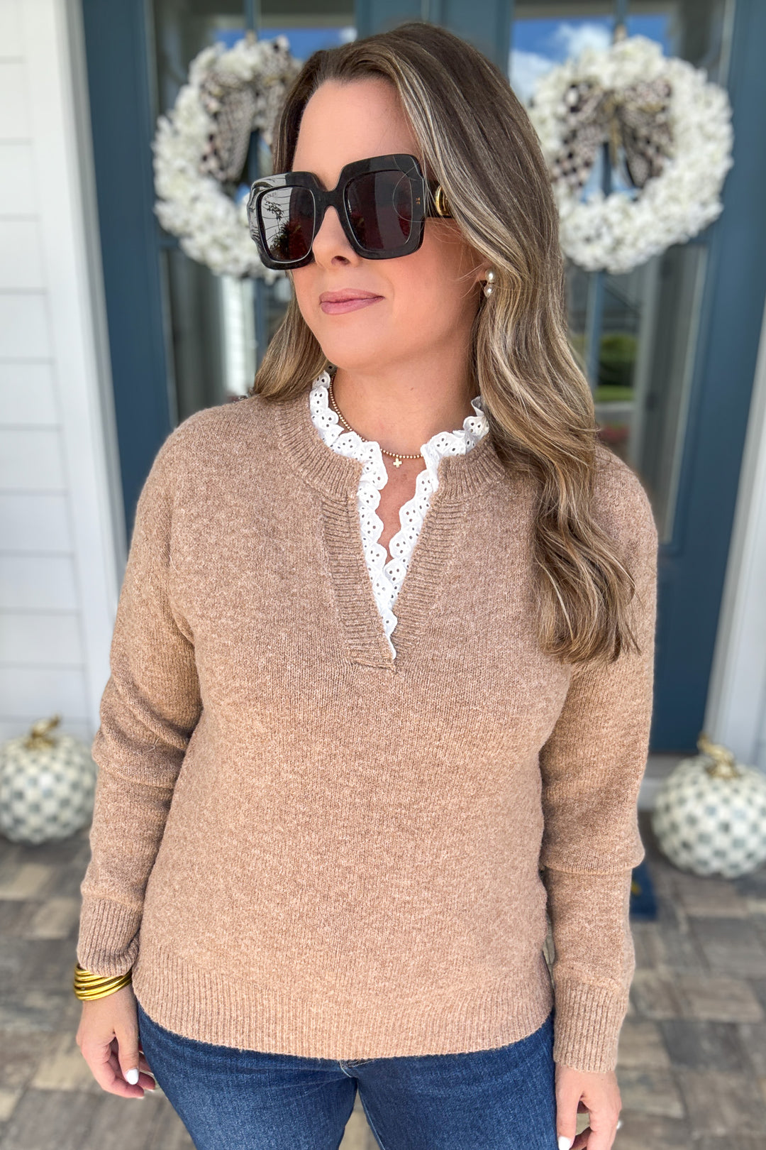 Cinnamon Lace Ruffled Trim Sweater