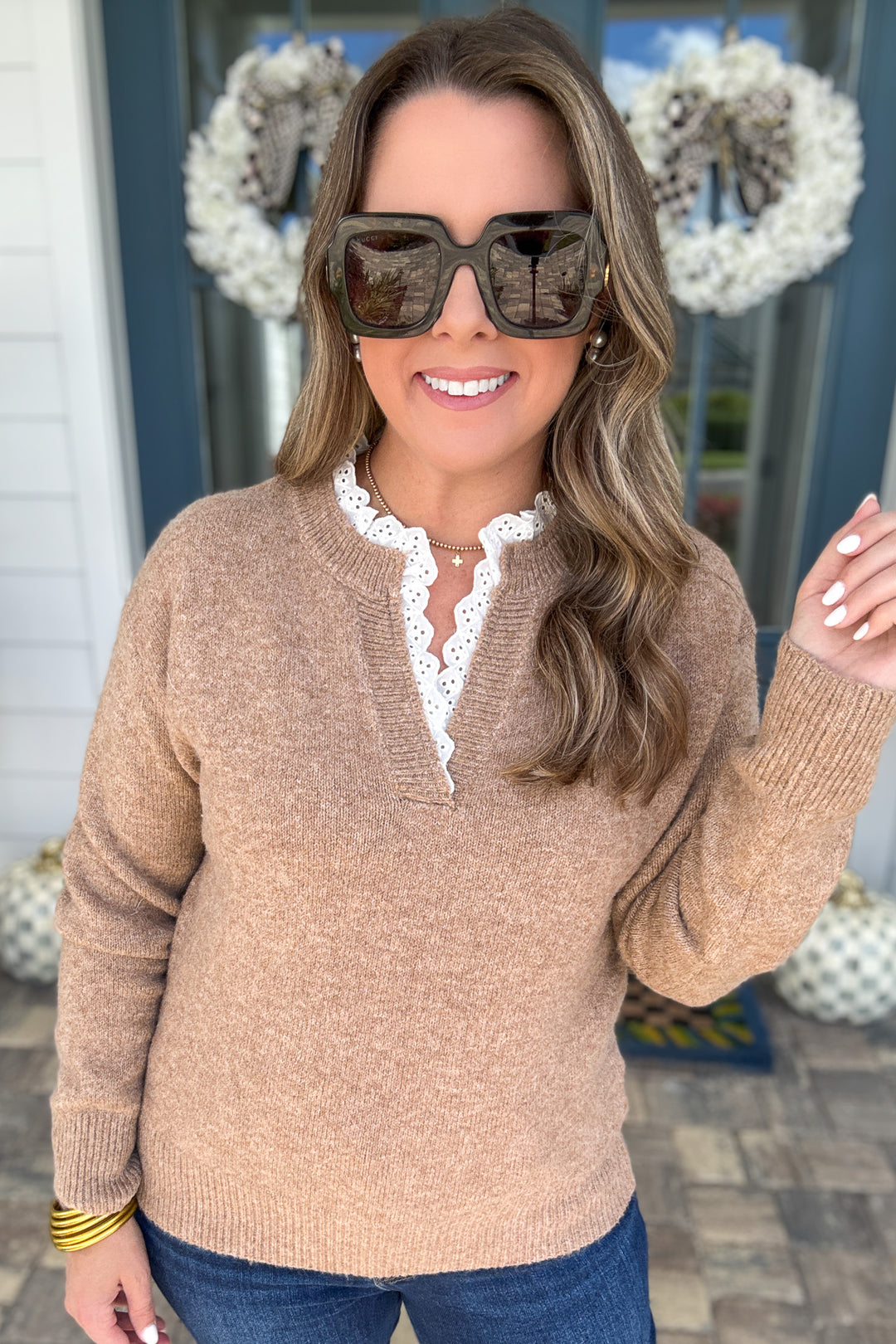 Cinnamon Lace Ruffled Trim Sweater