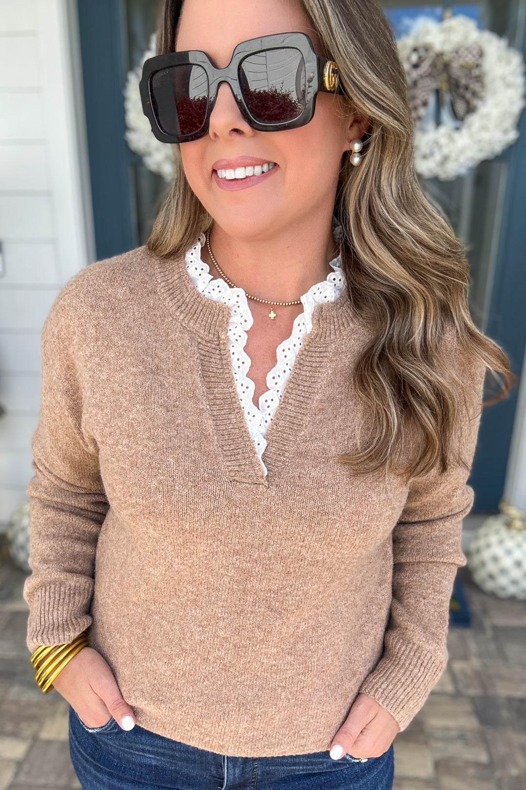 Cinnamon Lace Ruffled Trim Sweater