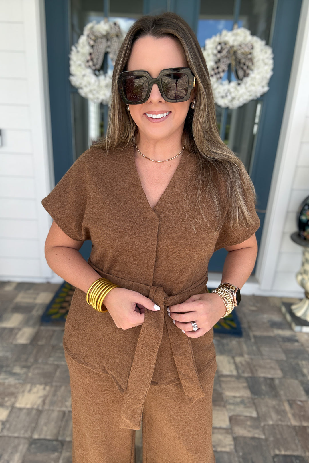 Effortless Elegance Belted Top - Mocha