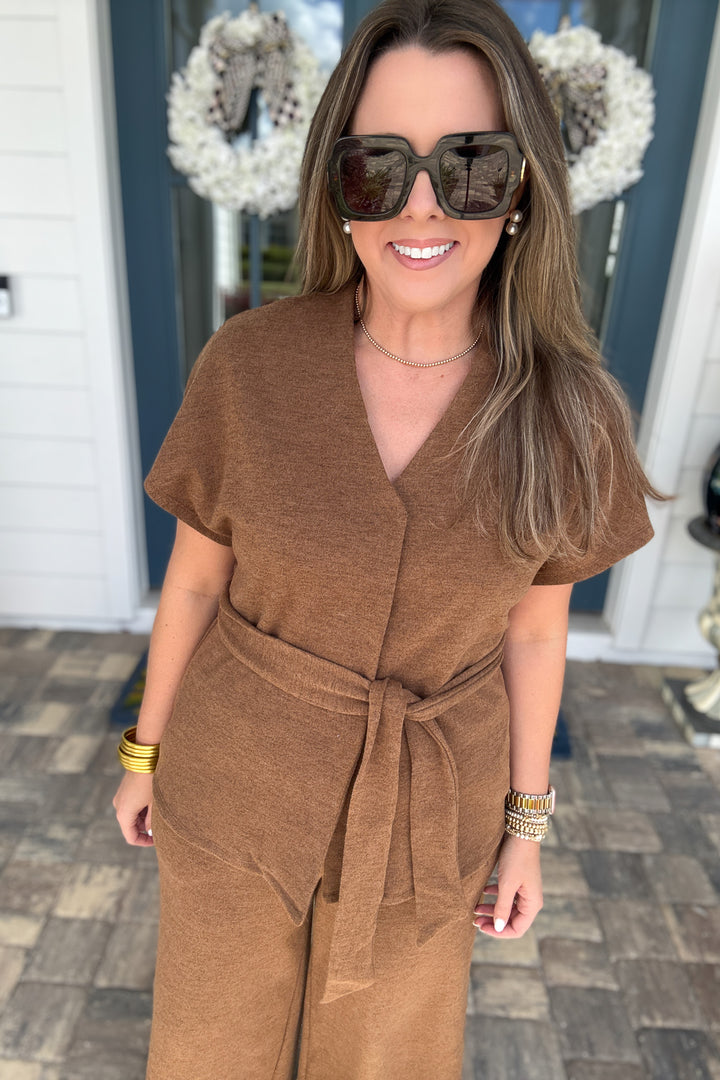 Effortless Elegance Belted Top - Mocha