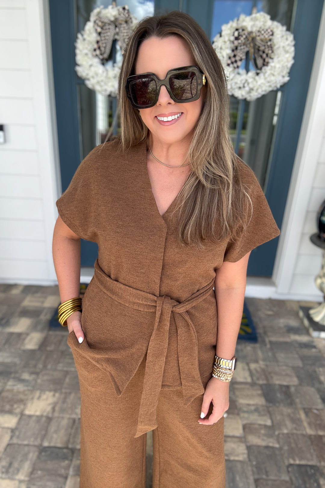 Effortless Elegance Belted Top - Mocha