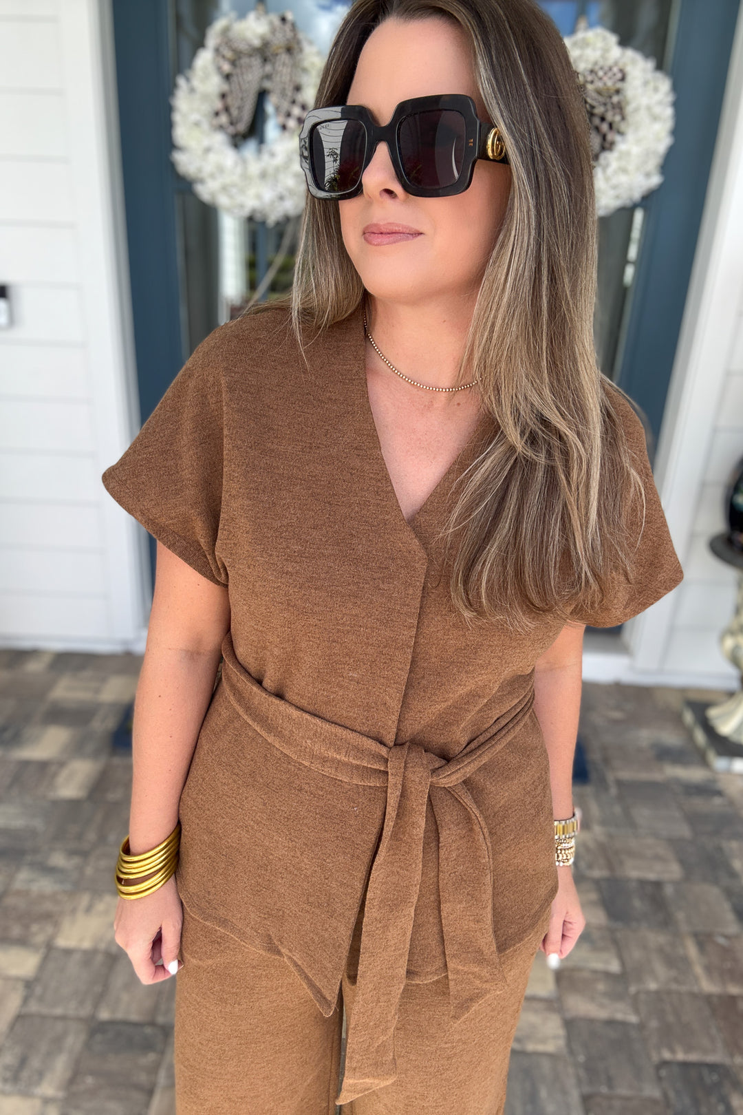 Effortless Elegance Belted Top - Mocha