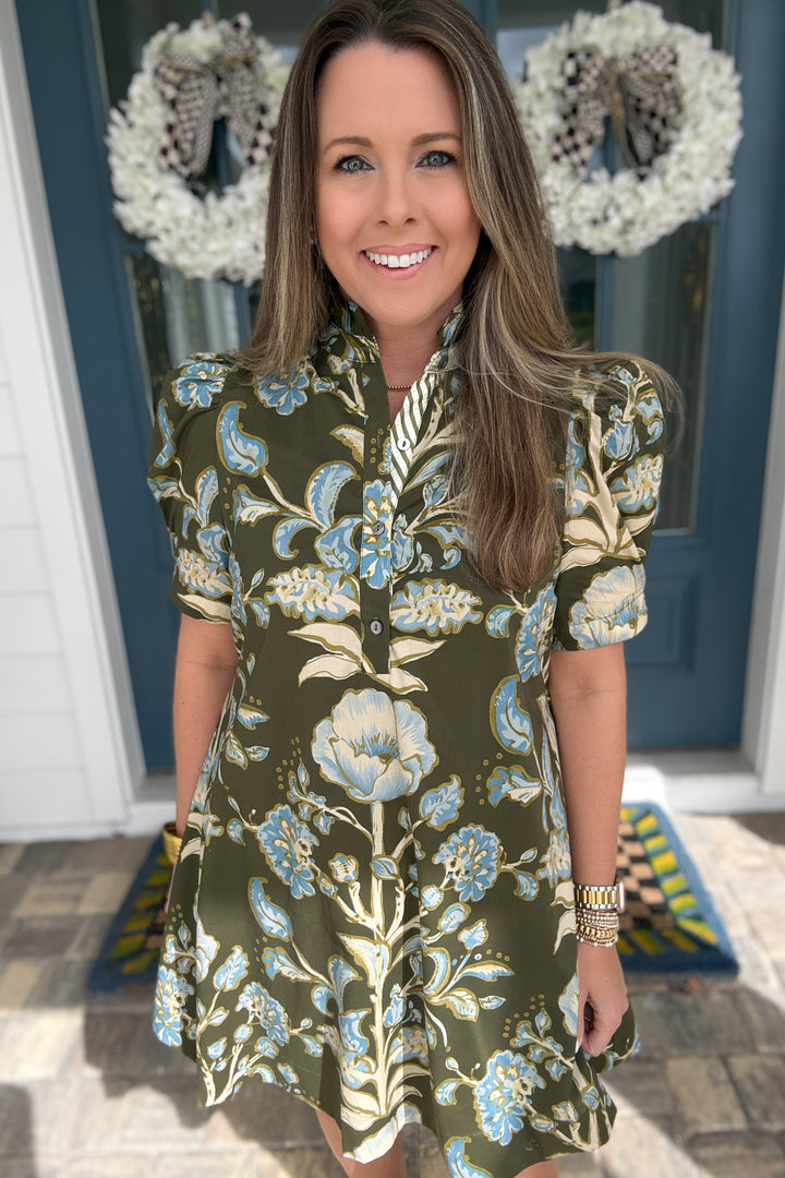 Heirloom Floral Mini Dress - Olive