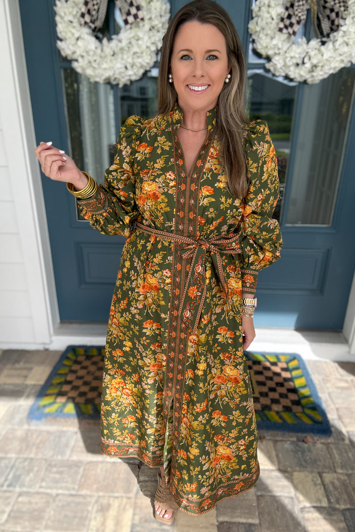 Olive Blossom Midi Dress