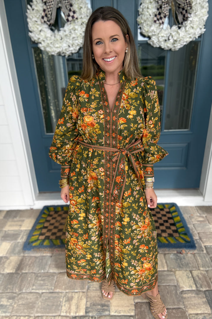 Olive Blossom Midi Dress