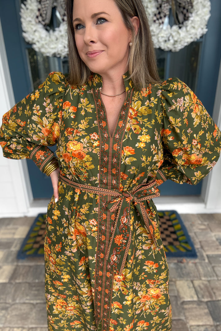 Olive Blossom Midi Dress