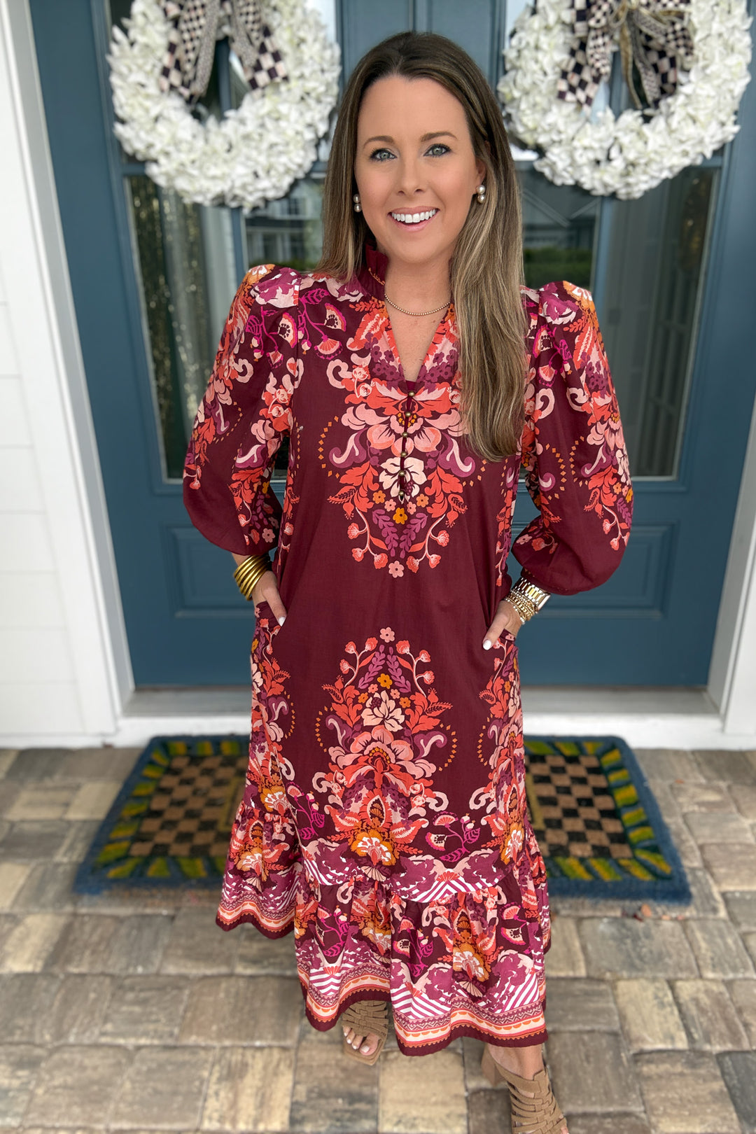 Enchanted Autumn Midi Dress - Burgundy