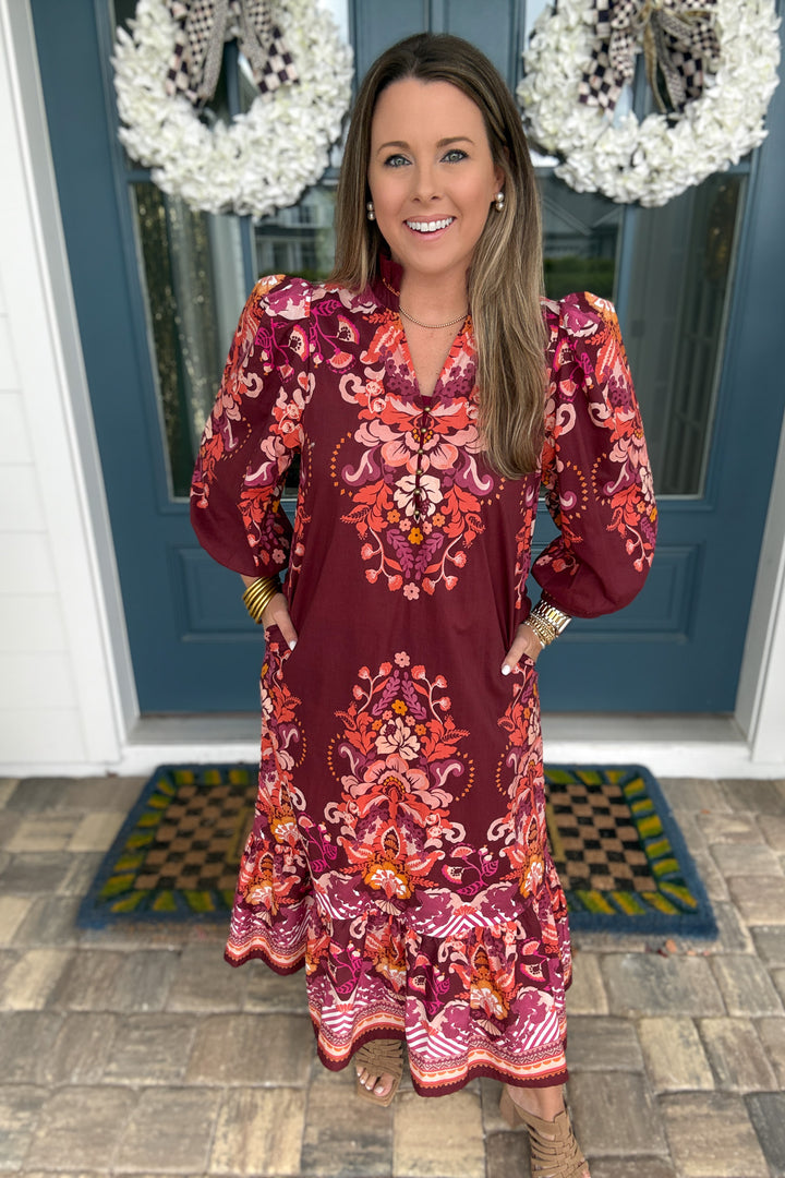 Enchanted Autumn Midi Dress - Burgundy