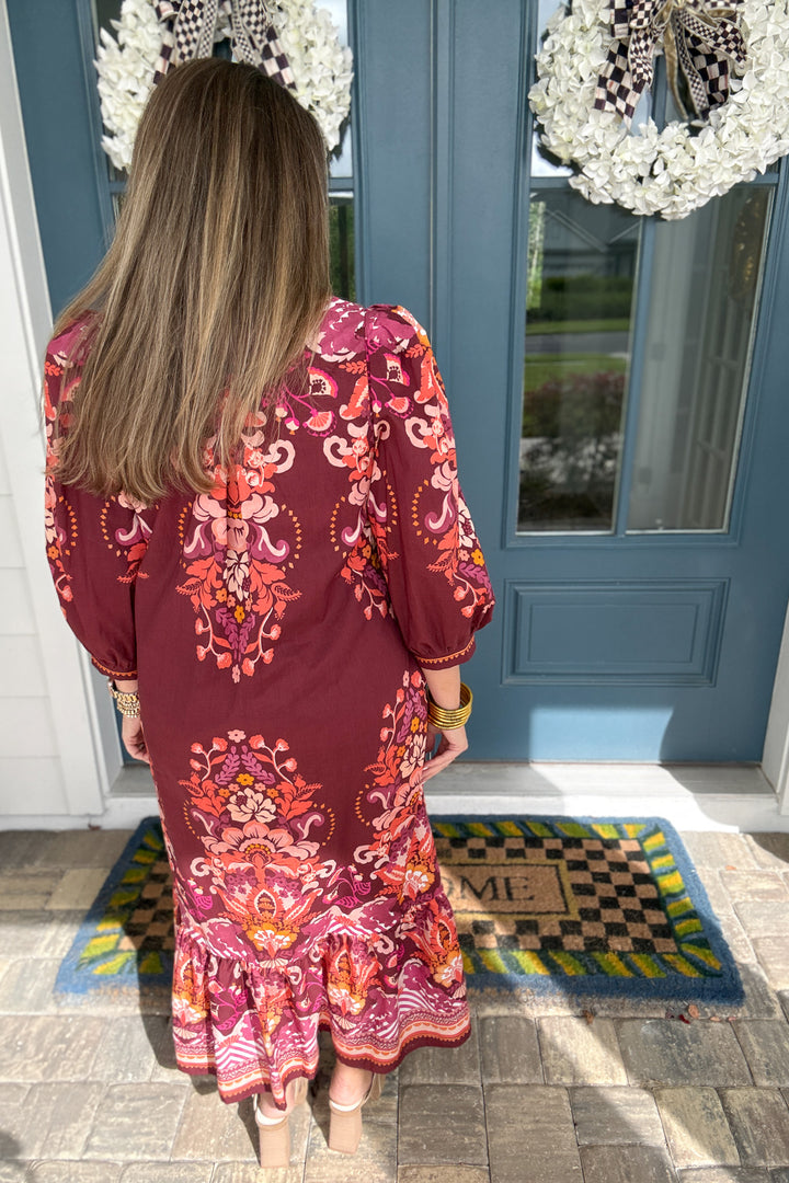 Enchanted Autumn Midi Dress - Burgundy