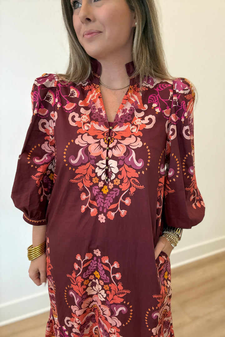 Enchanted Autumn Midi Dress - Burgundy