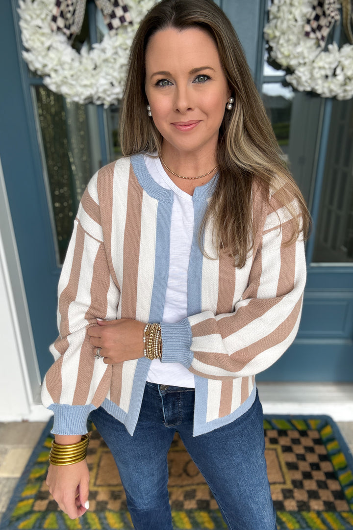 Miss Stripe Open Cardigan - Light Blue trim