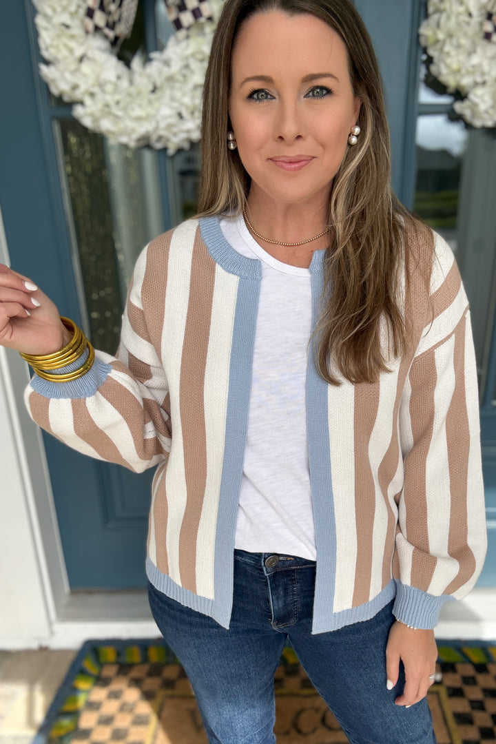 Miss Stripe Open Cardigan - Light Blue trim
