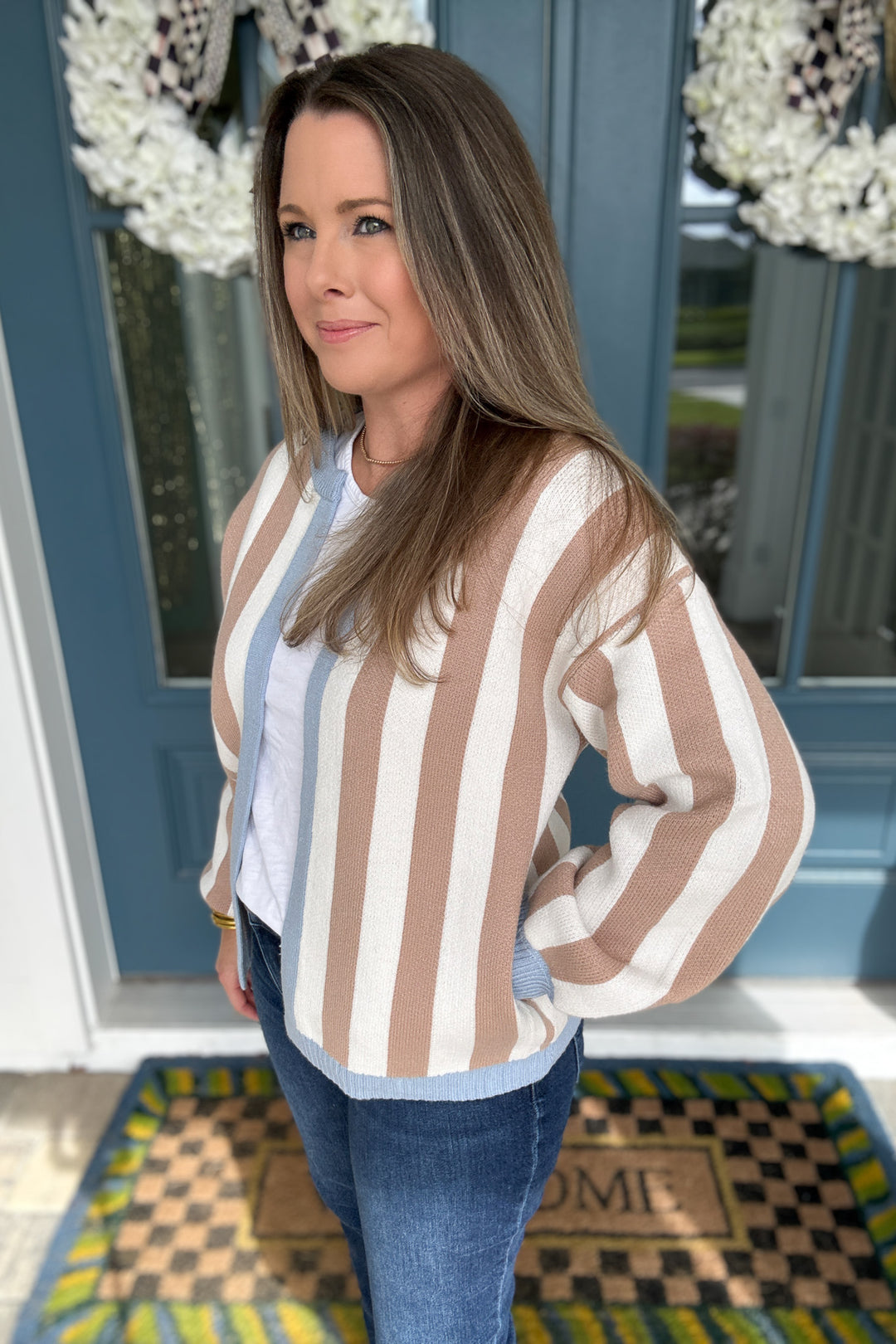 Miss Stripe Open Cardigan - Light Blue trim