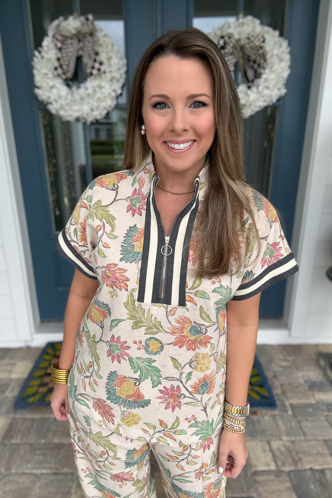 Bloom in Motion Zip Up Top - Oatmeal