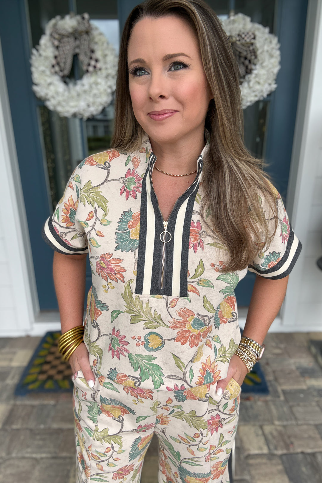 Bloom in Motion Zip Up Top - Oatmeal