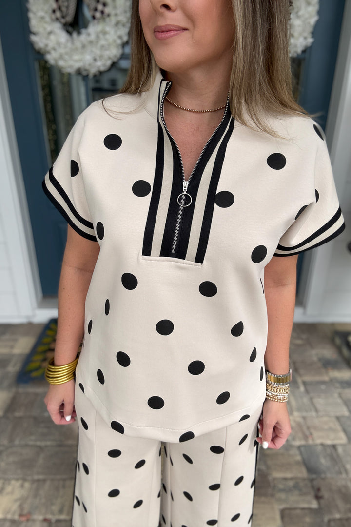 Dot & Dash Zip Up Top - Oatmeal/Black