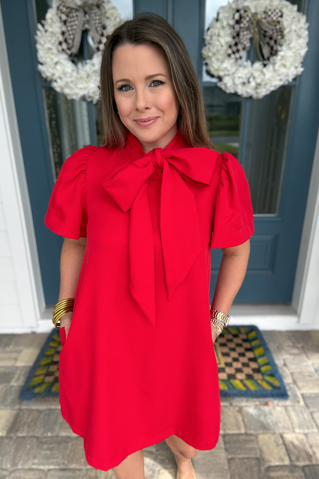 A Very Merry Bow Neck Mini Dress - Red