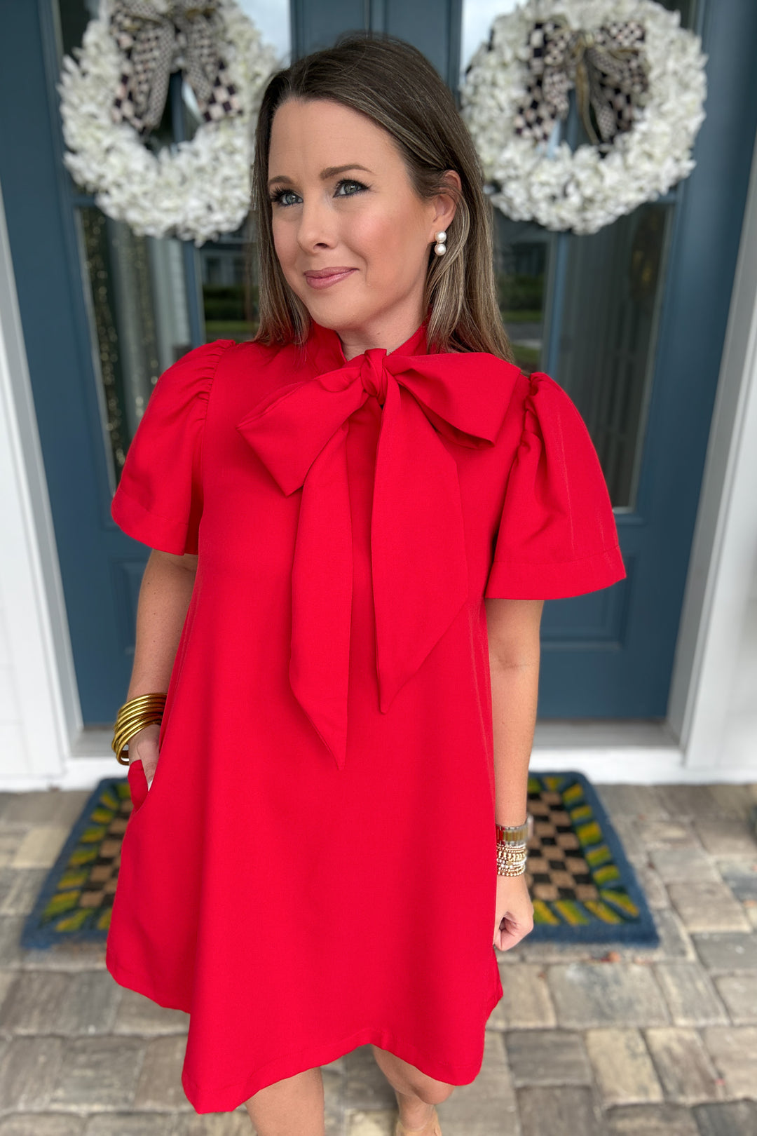 A Very Merry Bow Neck Mini Dress - Red