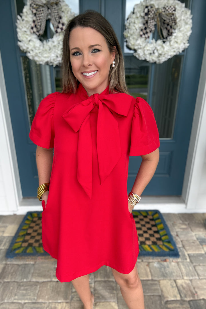 A Very Merry Bow Neck Mini Dress - Red