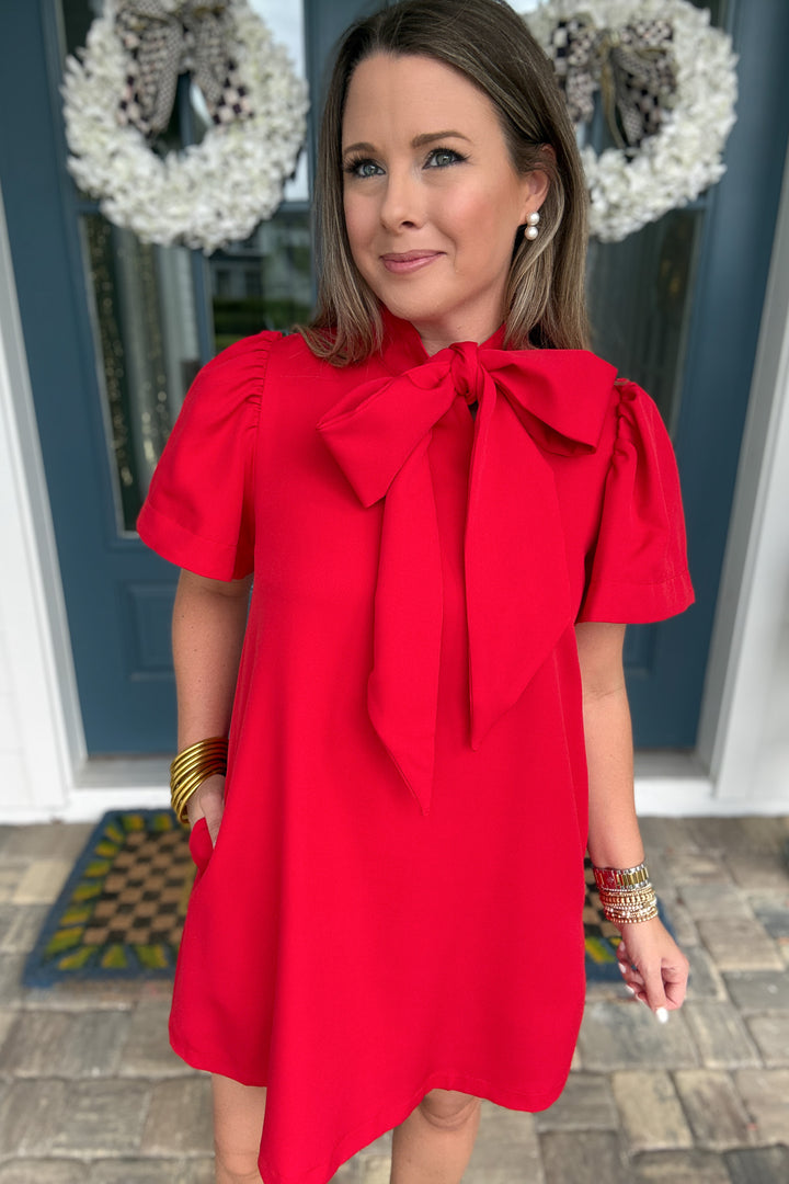 A Very Merry Bow Neck Mini Dress - Red