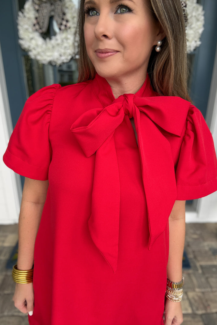 A Very Merry Bow Neck Mini Dress - Red