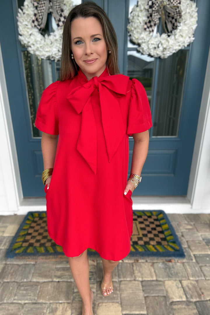 A Very Merry Bow Neck Mini Dress - Red