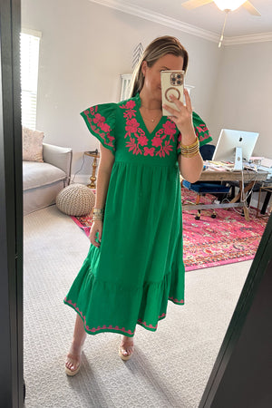 THML: Sweet Forever Embroidered Midi Dress - Green