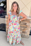 FLORAL PRINT SMOCKED BODICE TIERED MIDI DRESS