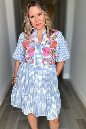 THML: Embroidered Detail Gingham Dress - Blue + White