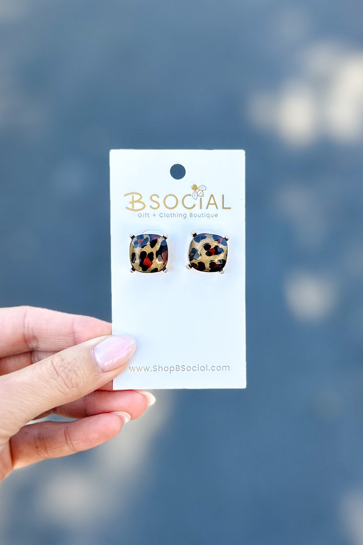 Square Brown Leopard Stud Earrings