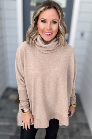 Brushed Cowl Turtle Neck High Low Top - Camel