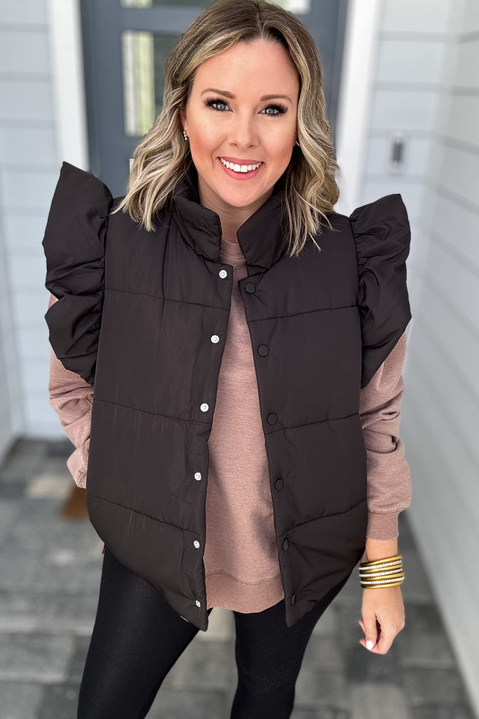 Ruffled Up Quilted Vest - Black