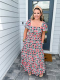 THML: Flower Print Tiered Flutter Maxi Dress