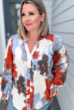 Satin Smudged Print Open Fold Top - Rust