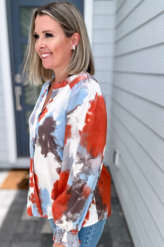 Satin Smudged Print Open Fold Top - Rust
